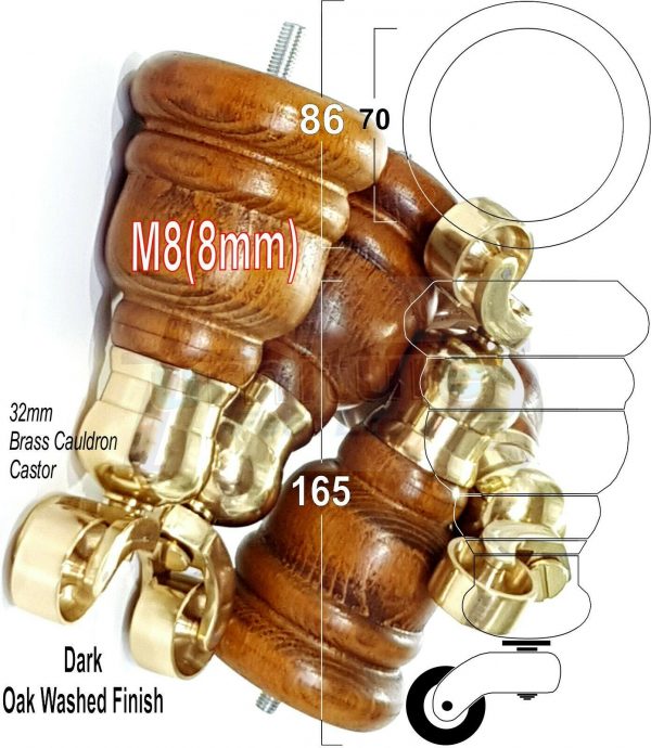 4x WOOD FURNITURE LEGS M8 REPLACEMENT BRASS CAULDRON CASTOR FEET 165mm HIGH - Image 19