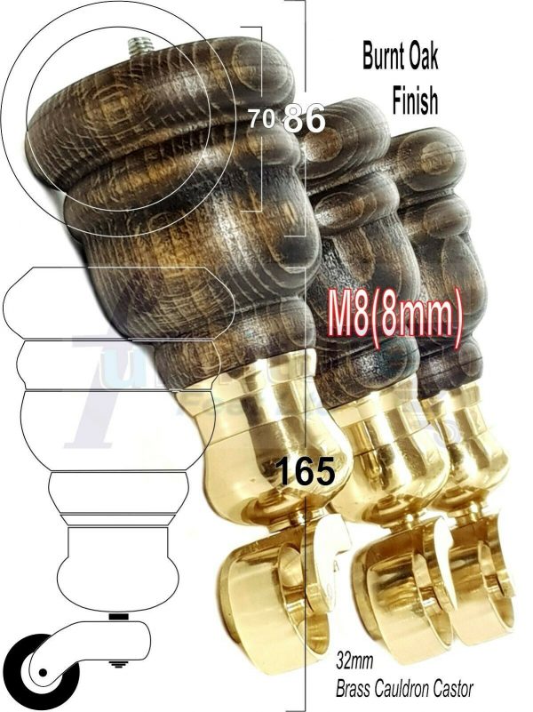 4x WOOD FURNITURE LEGS M8 REPLACEMENT BRASS CAULDRON CASTOR FEET 165mm HIGH - Image 41