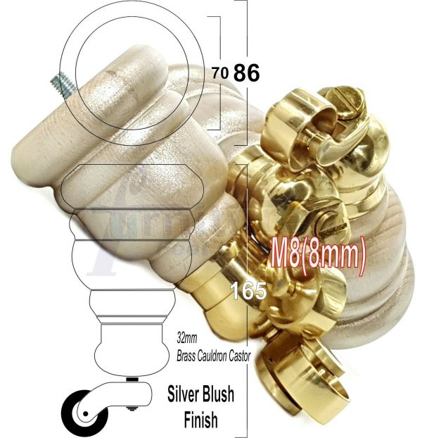 4x WOOD FURNITURE LEGS M8 REPLACEMENT BRASS CAULDRON CASTOR FEET 165mm HIGH - Image 17