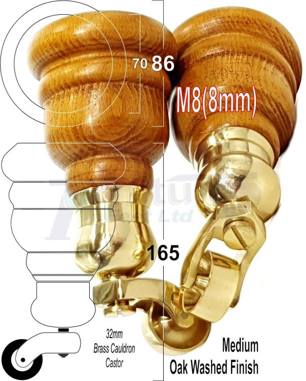 4x WOOD FURNITURE LEGS M8 REPLACEMENT BRASS CAULDRON CASTOR FEET 165mm HIGH - Image 27
