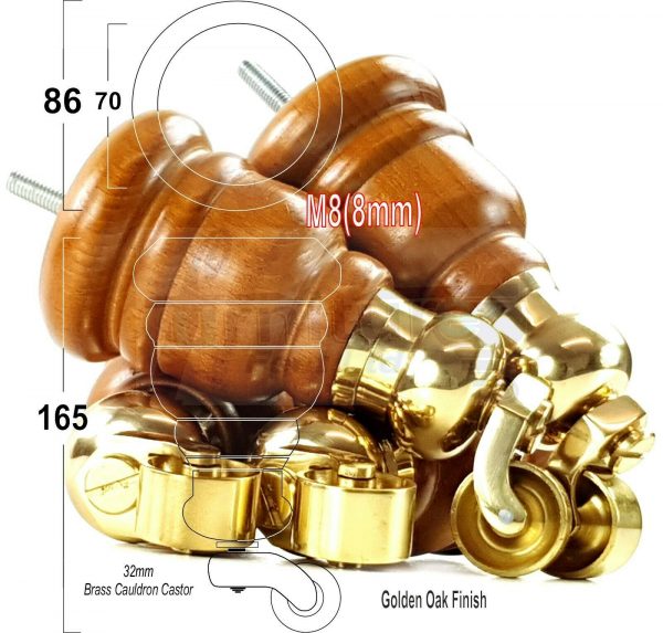4x WOOD FURNITURE LEGS M8 REPLACEMENT BRASS CAULDRON CASTOR FEET 165mm HIGH - Image 22