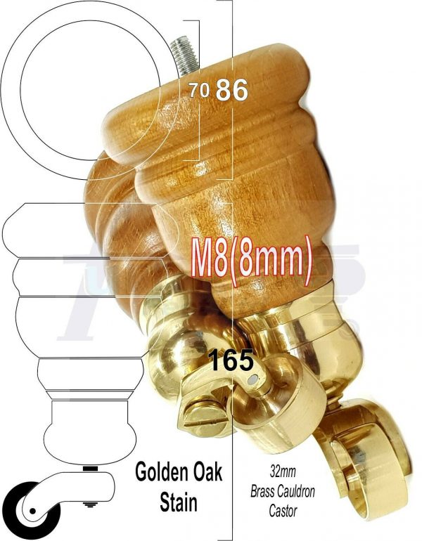 4x WOOD FURNITURE LEGS M8 REPLACEMENT BRASS CAULDRON CASTOR FEET 165mm HIGH - Image 23