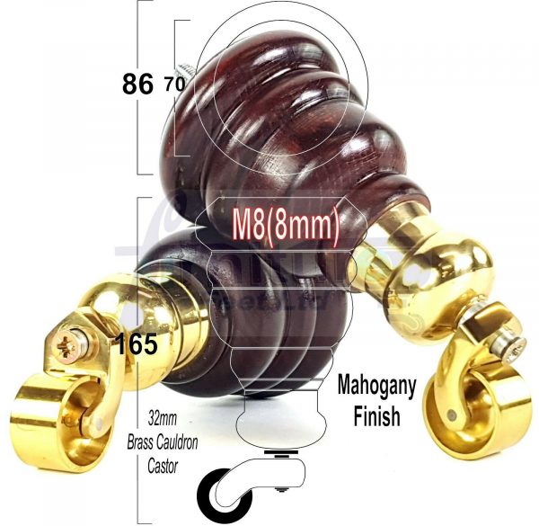 4x WOOD FURNITURE LEGS M8 REPLACEMENT BRASS CAULDRON CASTOR FEET 165mm HIGH - Image 24