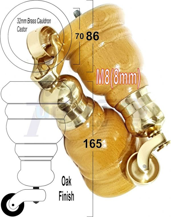 4x WOOD FURNITURE LEGS M8 REPLACEMENT BRASS CAULDRON CASTOR FEET 165mm HIGH - Image 29