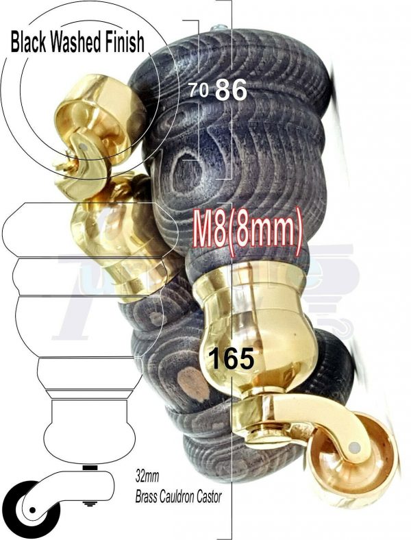 4x WOOD FURNITURE LEGS M8 REPLACEMENT BRASS CAULDRON CASTOR FEET 165mm HIGH - Image 16