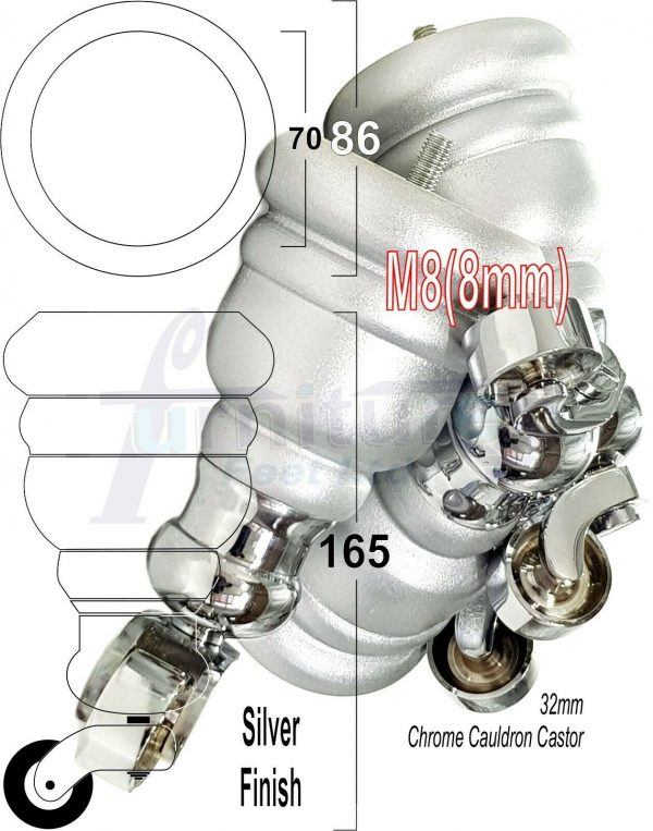 4x WOOD FURNITURE LEGS M8 REPLACEMENT CHROME CAULDRON CASTOR FEET 165mm HIGH - Image 32