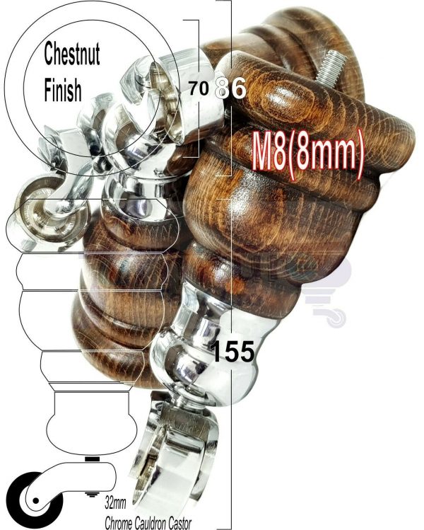 4x WOOD FURNITURE LEGS M8 REPLACEMENT CHROME CAULDRON CASTOR FEET 165mm HIGH - Image 42