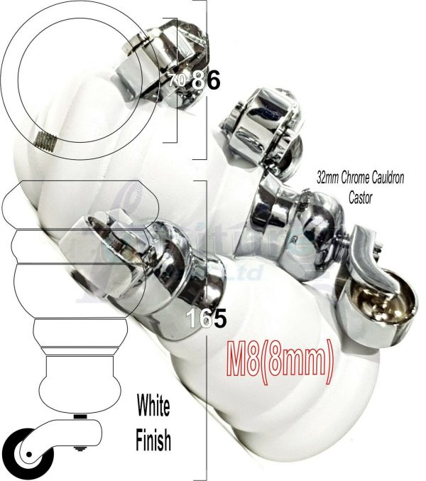 4x WOOD FURNITURE LEGS M8 REPLACEMENT CHROME CAULDRON CASTOR FEET 165mm HIGH - Image 35