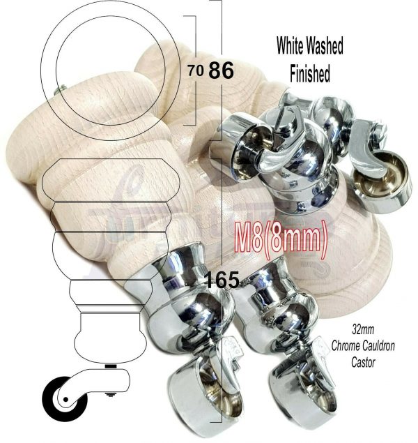 4x WOOD FURNITURE LEGS M8 REPLACEMENT CHROME CAULDRON CASTOR FEET 165mm HIGH - Image 36