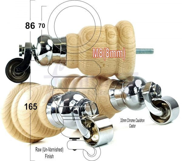 4x WOOD FURNITURE LEGS M8 REPLACEMENT CHROME CAULDRON CASTOR FEET 165mm HIGH - Image 33
