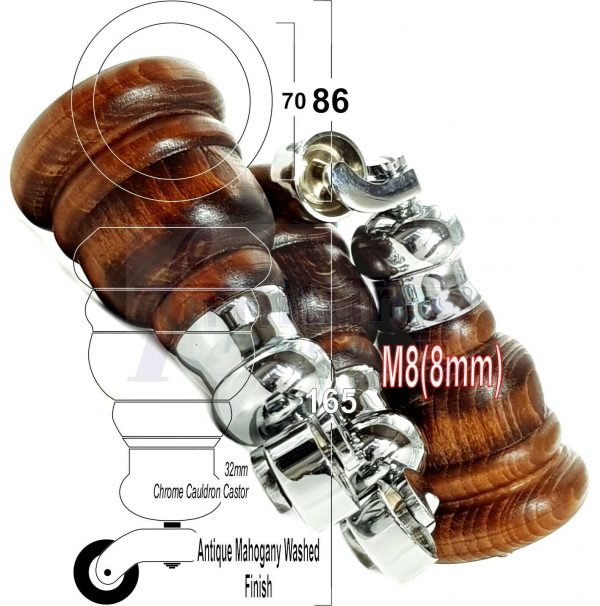 4x WOOD FURNITURE LEGS M8 REPLACEMENT CHROME CAULDRON CASTOR FEET 165mm HIGH - Image 39