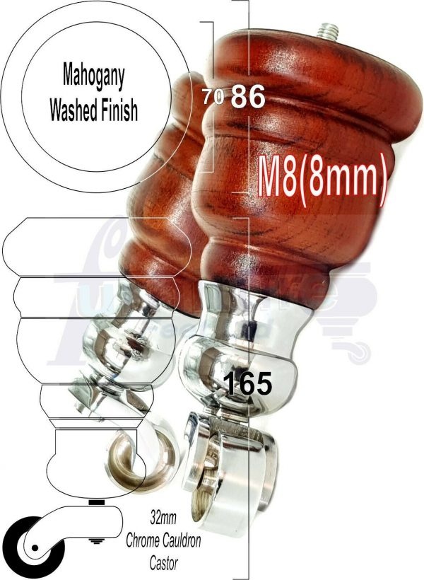 4x WOOD FURNITURE LEGS M8 REPLACEMENT CHROME CAULDRON CASTOR FEET 165mm HIGH - Image 26