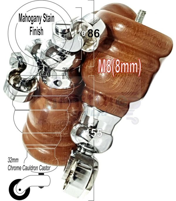 4x WOOD FURNITURE LEGS M8 REPLACEMENT CHROME CAULDRON CASTOR FEET 165mm HIGH - Image 25