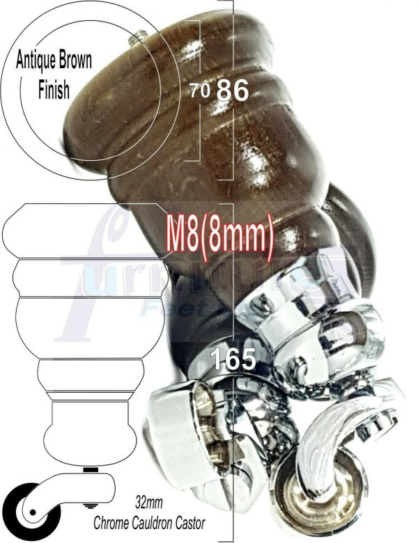 4x WOOD FURNITURE LEGS M8 REPLACEMENT CHROME CAULDRON CASTOR FEET 165mm HIGH - Image 13
