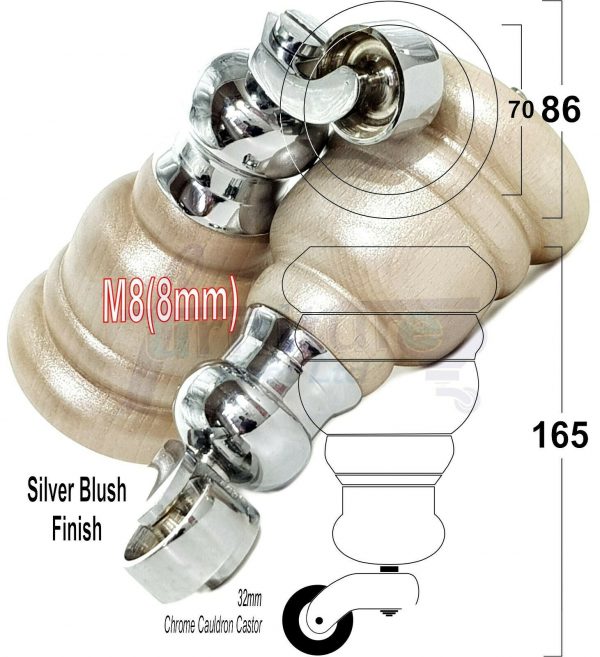 4x WOOD FURNITURE LEGS M8 REPLACEMENT CHROME CAULDRON CASTOR FEET 165mm HIGH - Image 17
