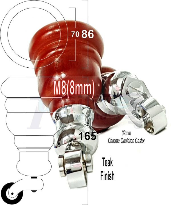 4x WOOD FURNITURE LEGS M8 REPLACEMENT CHROME CAULDRON CASTOR FEET 165mm HIGH - Image 34