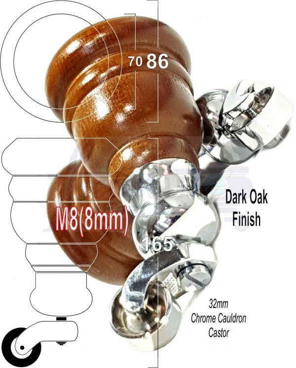 4x WOOD FURNITURE LEGS M8 REPLACEMENT CHROME CAULDRON CASTOR FEET 165mm HIGH - Image 18