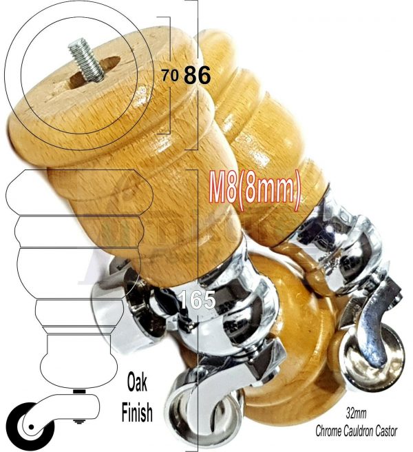 4x WOOD FURNITURE LEGS M8 REPLACEMENT CHROME CAULDRON CASTOR FEET 165mm HIGH - Image 29