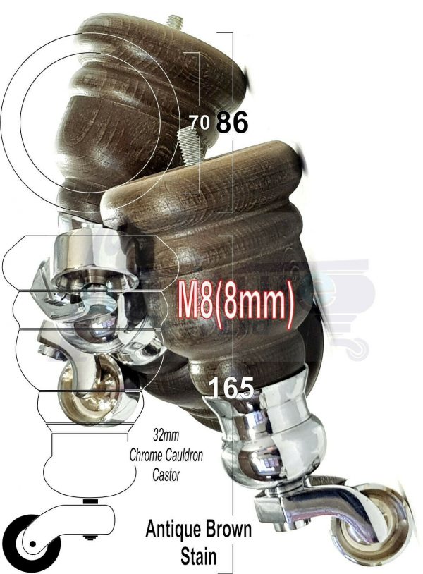 4x WOOD FURNITURE LEGS M8 REPLACEMENT CHROME CAULDRON CASTOR FEET 165mm HIGH - Image 14