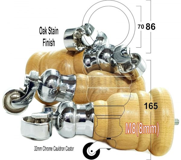 4x WOOD FURNITURE LEGS M8 REPLACEMENT CHROME CAULDRON CASTOR FEET 165mm HIGH - Image 30