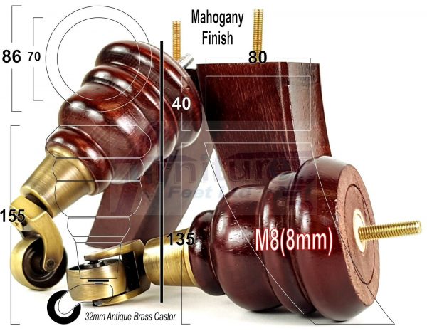 4x WOOD FURNITURE SOFA LEGS M8 REPLACEMENT CHAIR FEET 2 WITH CASTORS 165mm HIGH - Image 15