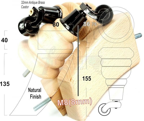 4x WOOD FURNITURE SOFA LEGS M8 REPLACEMENT CHAIR FEET 2 WITH CASTORS 165mm HIGH - Image 15