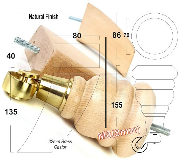 4x WOOD FURNITURE SOFA LEGS M8 REPLACEMENT CHAIR FEET 2 WITH CASTORS 165mm HIGH - Image 12