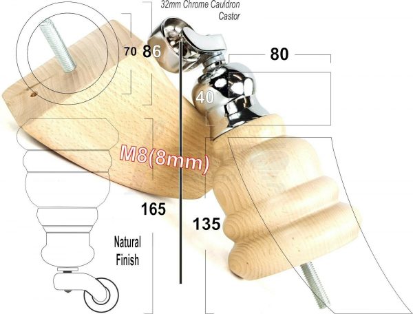 4x WOOD FURNITURE SOFA LEGS M8 REPLACEMENT CHAIR FEET 2 WITH CASTORS 165mm HIGH - Image 17