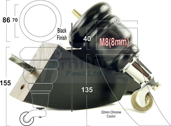 4x WOOD FURNITURE SOFA LEGS M8 REPLACEMENT CHAIR FEET 2 WITH CASTORS 165mm HIGH - Image 11