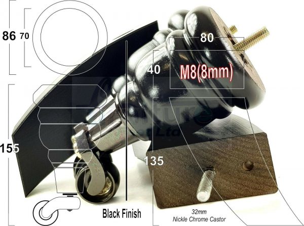 4x WOOD FURNITURE SOFA LEGS M8 REPLACEMENT CHAIR FEET 2 WITH CASTORS 165mm HIGH - Image 13