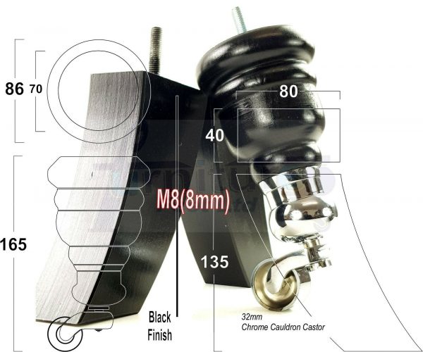 4x WOOD FURNITURE SOFA LEGS M8 REPLACEMENT CHAIR FEET 2 WITH CASTORS 165mm HIGH - Image 15