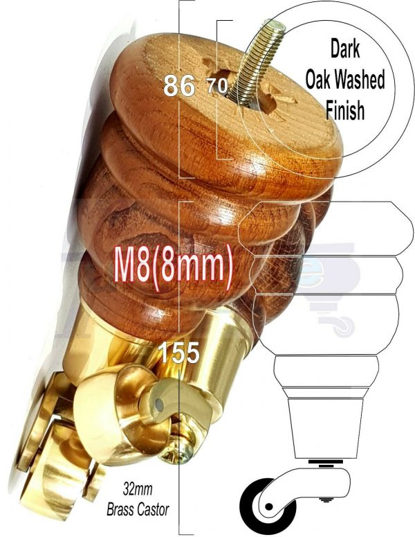 4x WOOD FURNITURE SOFA LEGS M8(8mm) REPLACEMENT CHAIR WITH CASTORS 165mm HIGH - Image 10