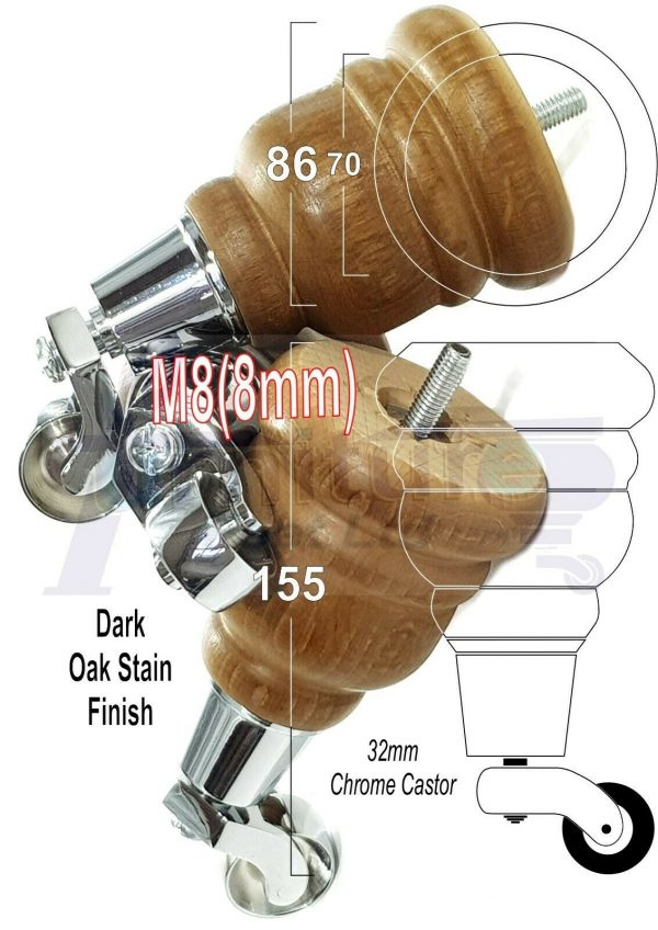 4x WOOD FURNITURE SOFA LEGS M8(8mm) REPLACEMENT CHAIR WITH CASTORS 165mm HIGH - Image 11
