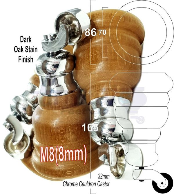 4x WOOD FURNITURE SOFA LEGS M8(8mm) REPLACEMENT CHAIR WITH CASTORS 165mm HIGH - Image 15