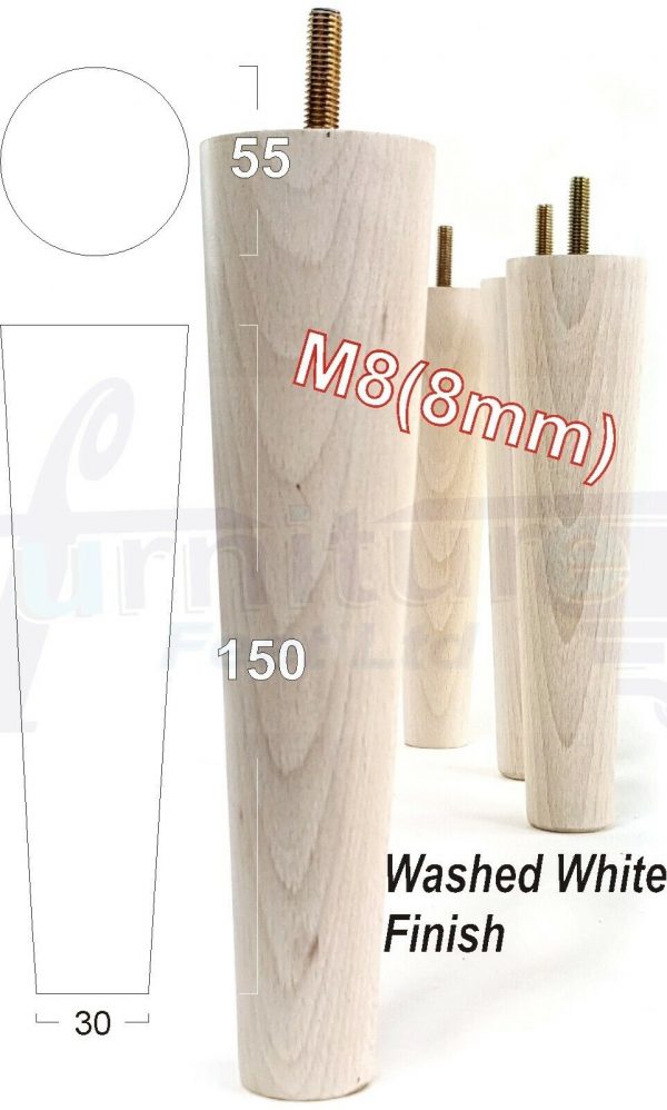 4x WOOD REPLACEMENT FURNITURE CHAIR LEG M8(8mm) TAPERED SETTEE FEET 150mm HIGH - Image 35