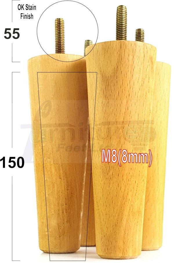 4x WOOD REPLACEMENT FURNITURE CHAIR LEG M8(8mm) TAPERED SETTEE FEET 150mm HIGH - Image 28