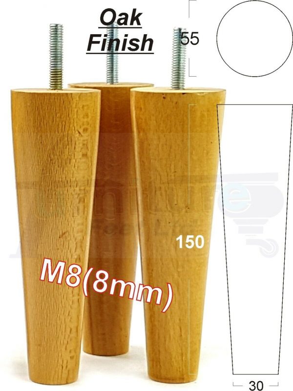 4x WOOD REPLACEMENT FURNITURE CHAIR LEG M8(8mm) TAPERED SETTEE FEET 150mm HIGH - Image 27