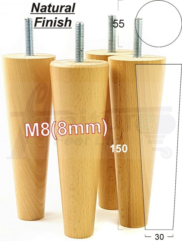 4x WOOD REPLACEMENT FURNITURE CHAIR LEG M8(8mm) TAPERED SETTEE FEET 150mm HIGH - Image 26