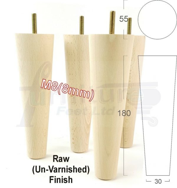 4x WOOD REPLACEMENT FURNITURE CHAIR LEG M8(8mm) TAPERED SETTEE FEET 180mm HIGH - Image 31