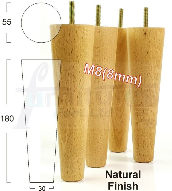 4x WOOD REPLACEMENT FURNITURE CHAIR LEG M8(8mm) TAPERED SETTEE FEET 180mm HIGH - Image 26