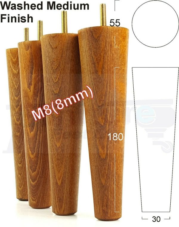 4x WOOD REPLACEMENT FURNITURE CHAIR LEG M8(8mm) TAPERED SETTEE FEET 180mm HIGH - Image 25