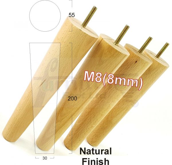 4x WOOD REPLACEMENT FURNITURE CHAIR LEG M8(8mm) TAPERED SETTEE FEET 200mm HIGH - Image 26
