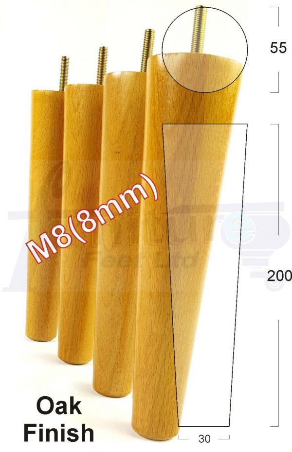 4x WOOD REPLACEMENT FURNITURE CHAIR LEG M8(8mm) TAPERED SETTEE FEET 200mm HIGH - Image 27