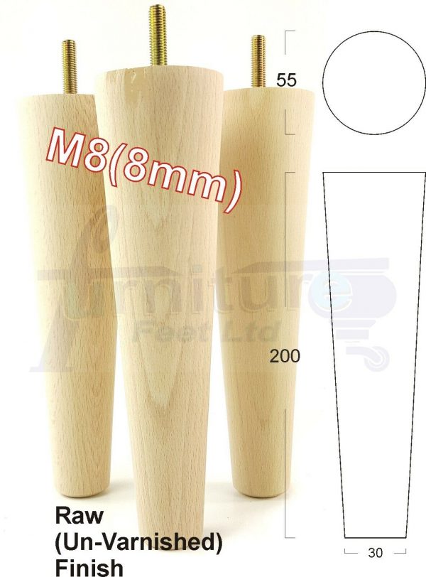 4x WOOD REPLACEMENT FURNITURE CHAIR LEG M8(8mm) TAPERED SETTEE FEET 200mm HIGH - Image 32