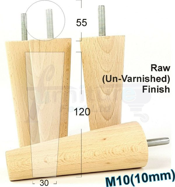 4x WOOD REPLACEMENT FURNITURE CHAIR LEGS M10(10mm) SOFA - SETTEE FEET 120mm HIGH - Image 31