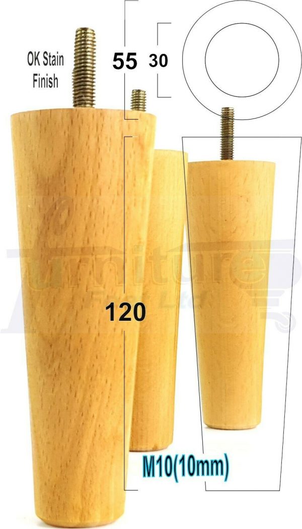 4x WOOD REPLACEMENT FURNITURE CHAIR LEGS M10(10mm) SOFA - SETTEE FEET 120mm HIGH - Image 27