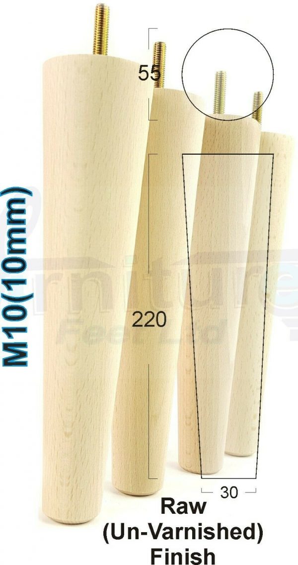 4x WOOD REPLACEMENT FURNITURE CHAIR LEGS M10(10mm) SOFA - SETTEE FEET 220mm HIGH - Image 31