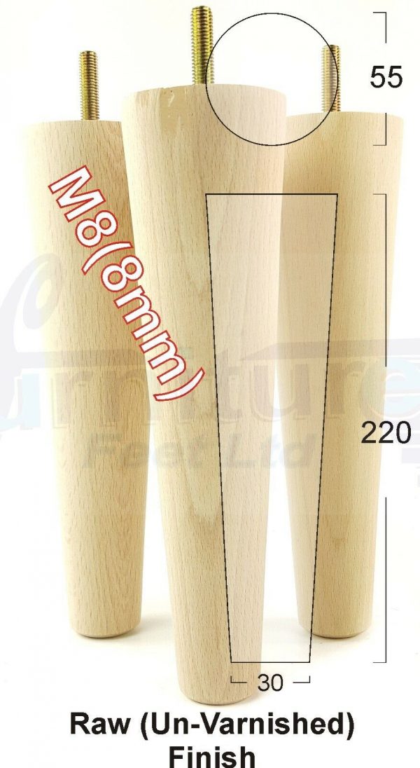 4x WOOD REPLACEMENT FURNITURE CHAIR LEGS M8(8mm) SOFA - SETTEE FEET 220mm HIGH - Image 30