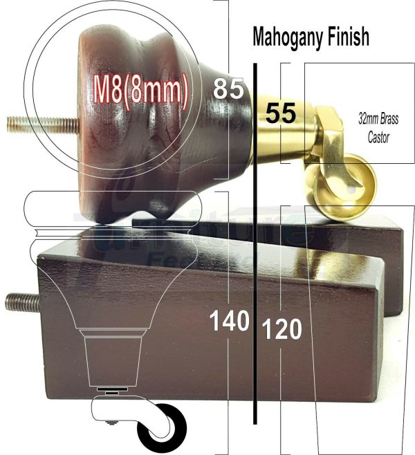4x WOODEN FURNITURE CHAIR LEGS M8 REPLACEMENT SOFA FEET WITH CASTORS 140mm HIGH - Image 7