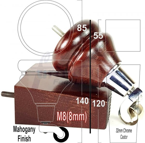 4x WOODEN FURNITURE CHAIR LEGS M8 REPLACEMENT SOFA FEET WITH CASTORS 140mm HIGH - Image 8